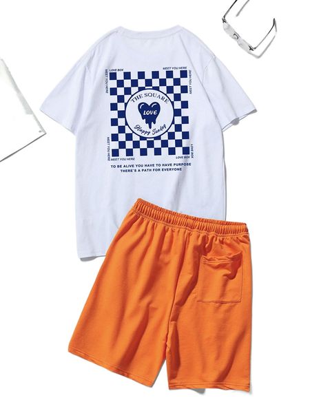 

men checker & slogan graphic tee & track shorts f1sh#, Gray