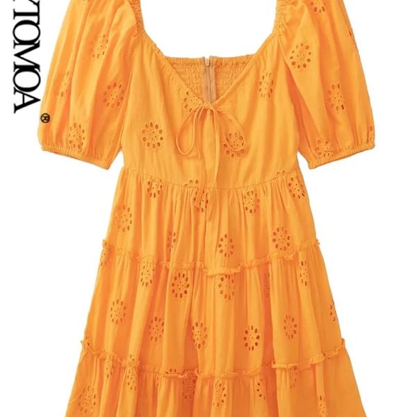 

kpytomoa women fashion with tied cutwork embroidery mini dress vintage puff sleeves back elastic female dresses vestidos mujer 220516, Black;gray