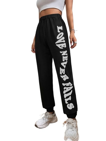 

slogan graphic elastic waist sweatpants a5ud#, Black;white