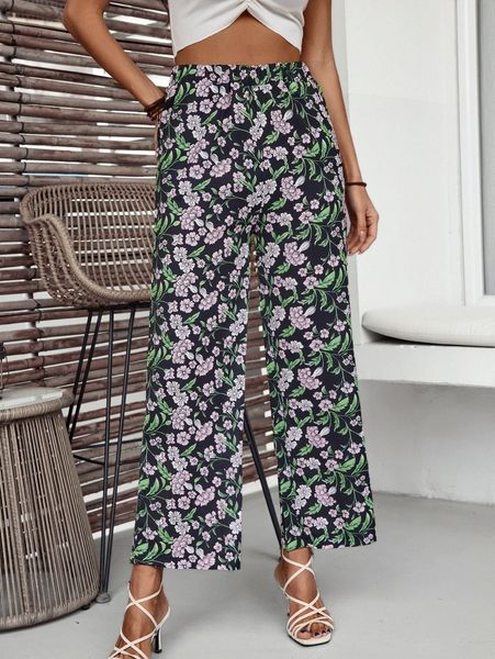 

floral print wide leg pants n4zk#, Black;white
