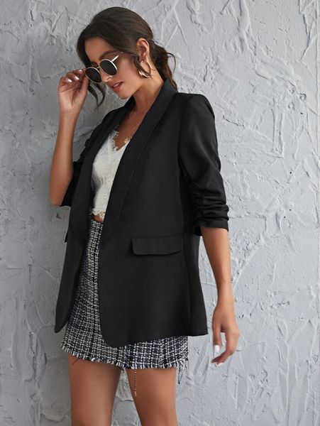 

shawl collar gathered sleeve flap detail blazer p03t#, White