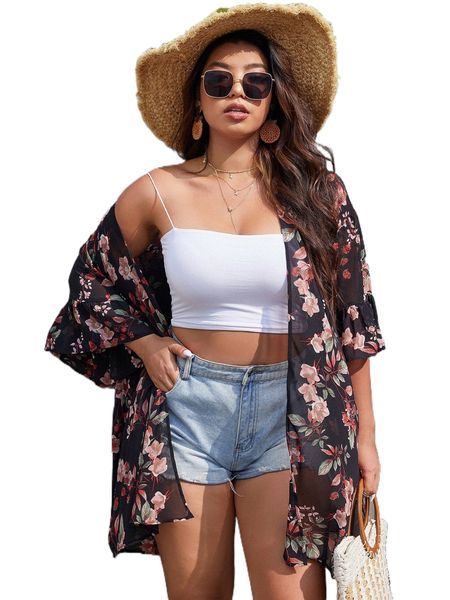 

plus floral print flounce sleeve kimono 04eg#, Black;gray