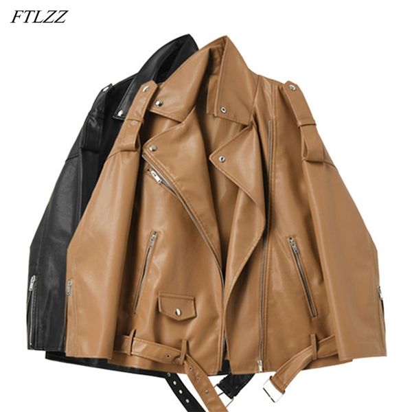 

ftlzz spring autumn faux leather jackets women loose casual coat female dropshoulder motorcycles locomotive outwear with belt 220813, Black