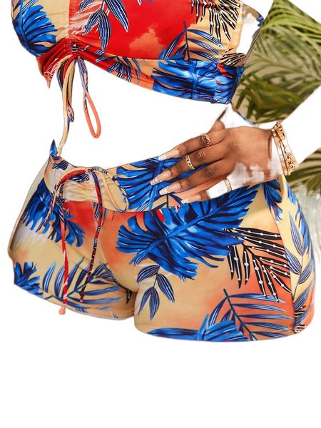 

plus tropical print drawstring bikini bottom x7jb#, Black