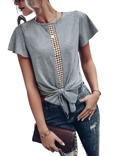 

guipure lace insert butterfly sleeve knot hem tee 64lk#, White