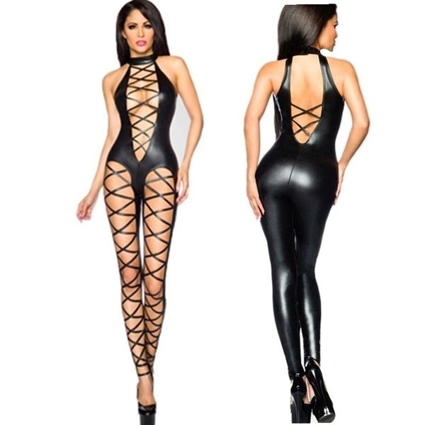 

women pvc catsuit black bandage catsuit hollow out pu leather bodysuit club wear erotic pole dance costumes m7289 y200401, Black;white