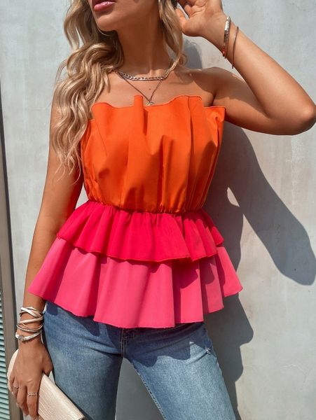 

colorblock tiered layer peplum tube 65ni#, White