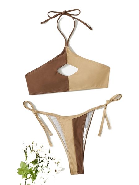 

colorblock cut-out halter bikini swimsuit m8xo#, White;black
