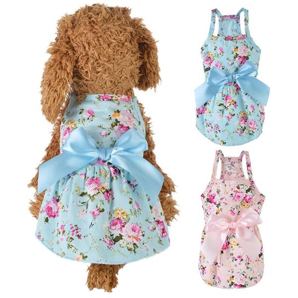 Vestido de vestido de verão vestido de algodão saia azul sling camisa bowknot roupas de aniversário de aniversário pequeno filhote de cachorro respirável para cães ydog