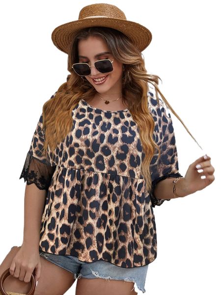 

plus leopard print contrast embroidery mesh peplum blouse 25y1#, Black