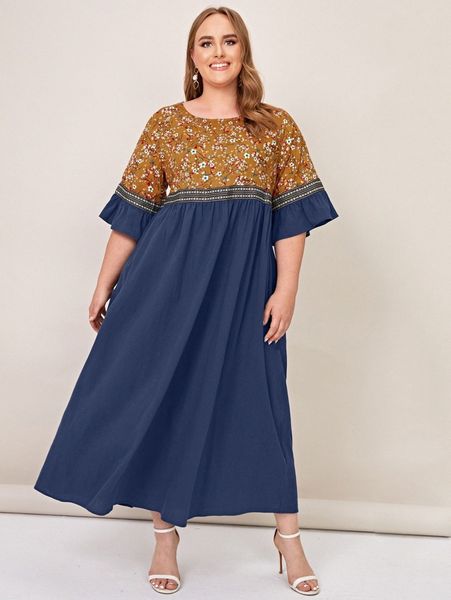 

plus ditsy floral contrast tape smock dress f1xm#, Black