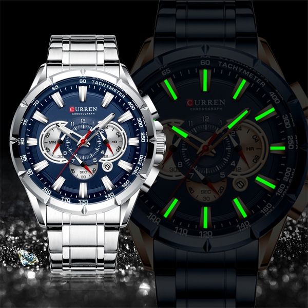 

curren new causal sport chronograph men's watch stainless steel band wristwatch big dial quartz watches with luminous pointers t200113, Slivery;brown