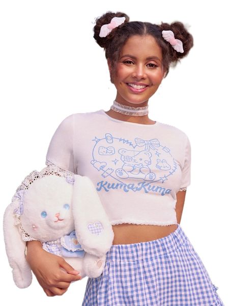 

kawaii contrast lace letter cartoon graphic crop tee u9tm#, White