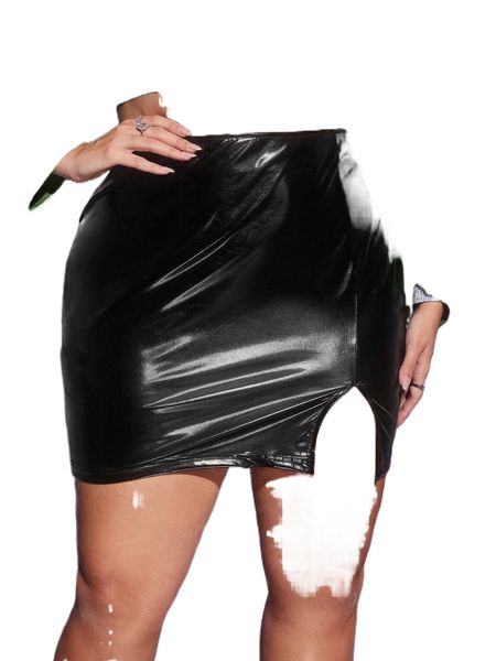 

plus pu leather slit skirt g353#, Black