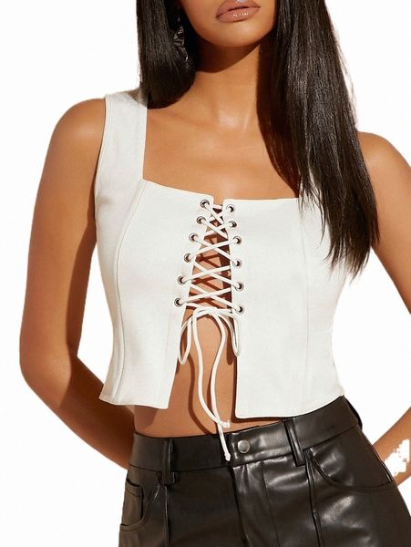 

bae solid lace up front tank 81iq#, White