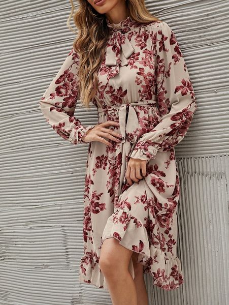

floral print tie neck ruffle hem belted dress i71c#, Black;gray