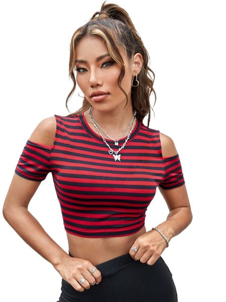 

striped cold shoulder crop tee o0cd#, White