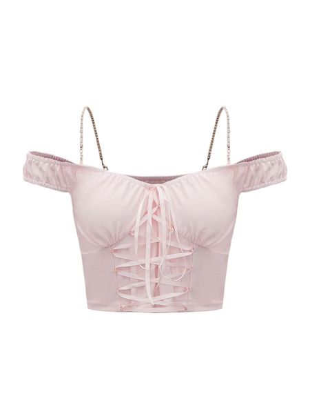

rhinestone lace up crop n6vs#, White