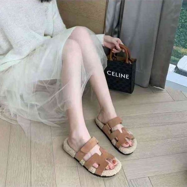 

herme slippers chypre sandal spring and autumn women's new slippers with woolen retro british flat bottomed second uncle, Black