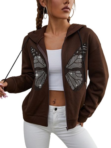 

rhinestone butterfly pattern drop shoulder zip up drawstring hoodie f1de#, Black