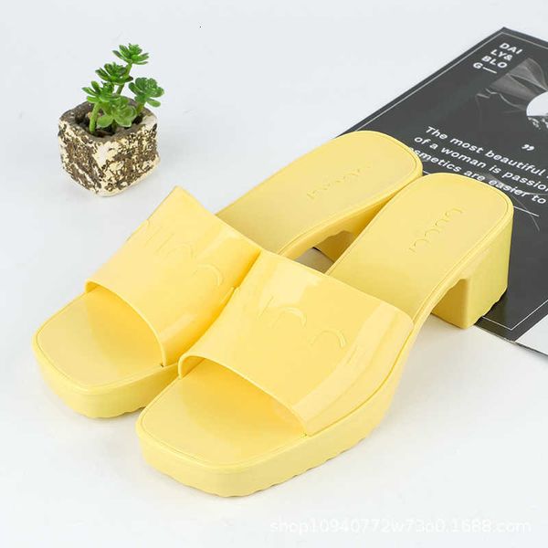 

thick high-heeled soled slippers women's summer square head heel one line sandals g family candy jelly g sandals 177, Black