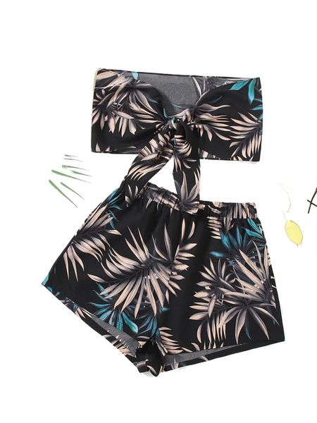 

plus tropical print tie front tube & shorts i7jf#, Black