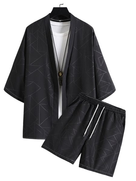 

men random geo print kimono & drawstring waist shorts without tee 00sb#, Gray