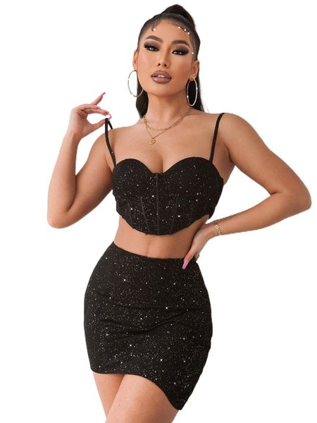 

joyfunear bustier sequin cami & bodycon skirt r8rf#, White