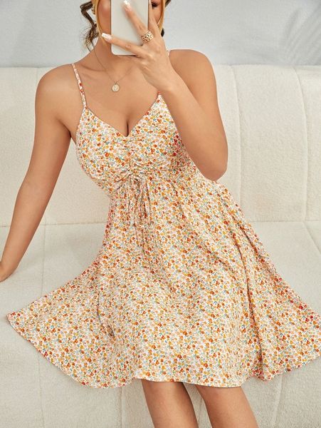 

ditsy floral ruched knot front shirred waist cami dress 05x9#, Black;gray