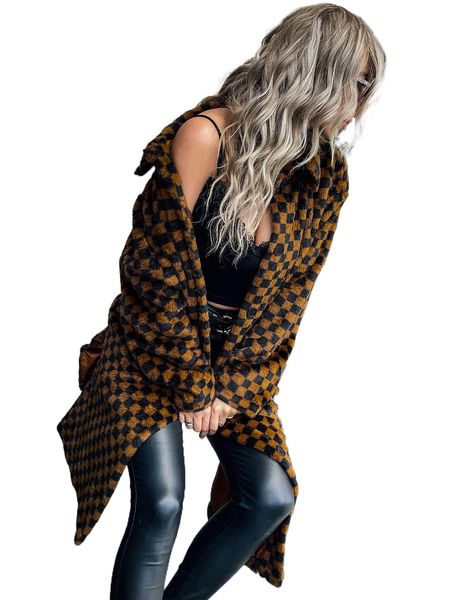 

checker print drop shoulder belted fuzzy coat r9md#, Black