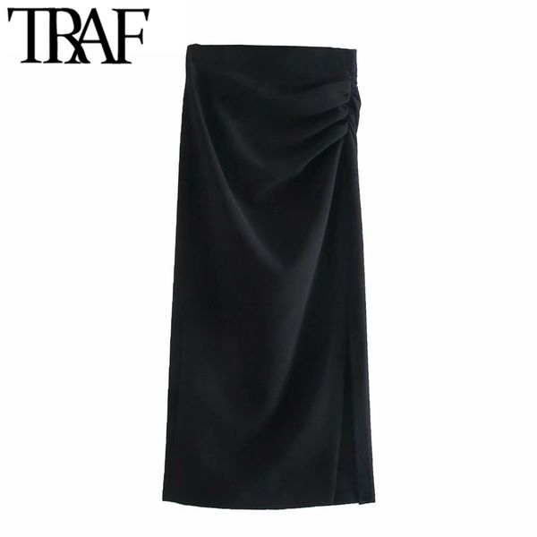

traf women fashion office wear draped pencil midi skirt vintage high waist side zipper slit hem female skirts mujer 220322, Black