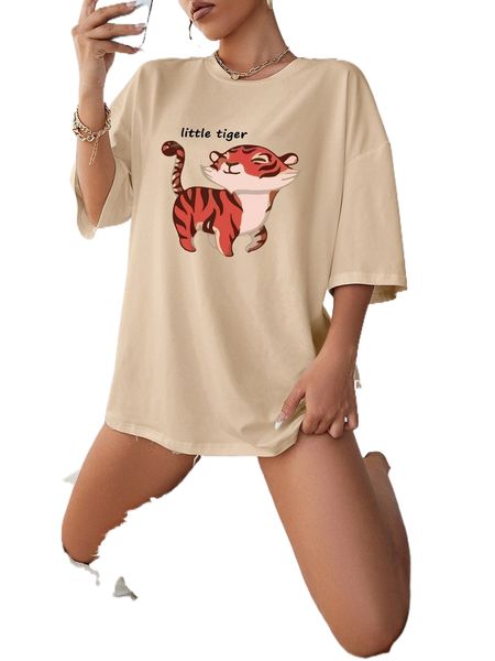 

tiger and letter graphic drop shoulder oversized tee 68xx#, White