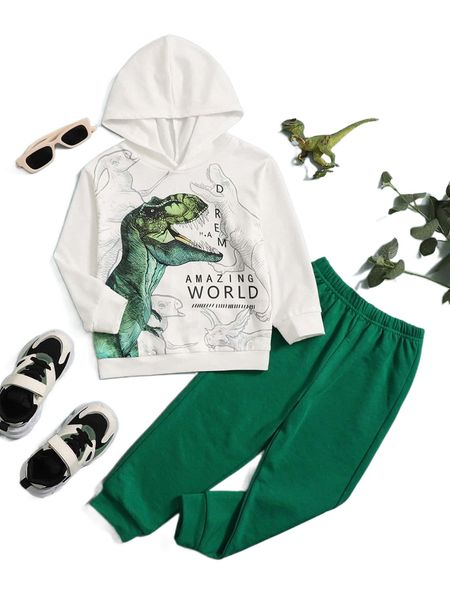 

toddler boys dinosaur & slogan pattern hoodie & sweatpants 24un#, Black;white