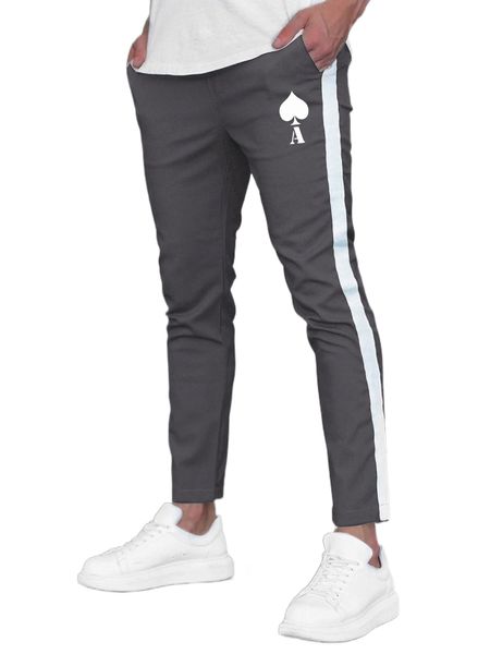 

men playing card print contrast sideseam pants 0331#, Black