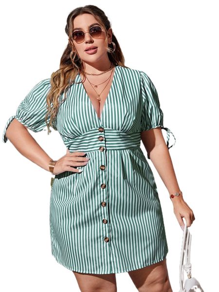 

plus striped knot cuff puff sleeve dress v75o#, Black