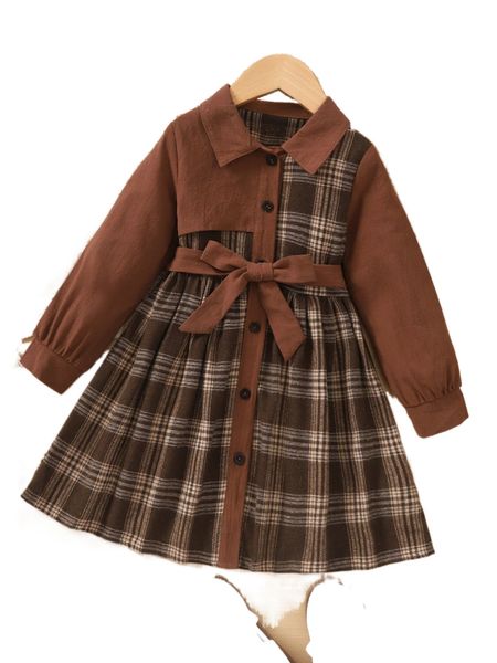 

toddler girls plaid print belted shirt dress c9rx#, Black;white