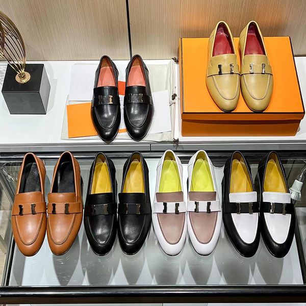 

luxury designer formal casual shoes leather women's flat bottom classic fashion h metal buckle color matching neutral comfortable lazy, Black
