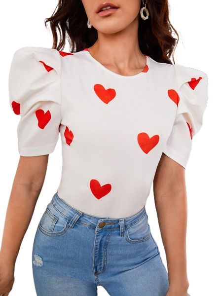 

heart print puff sleeve t-shirt q6br#, White