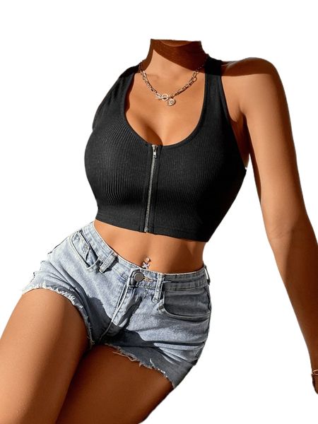

petite rib knit zip front tank a6so#, White
