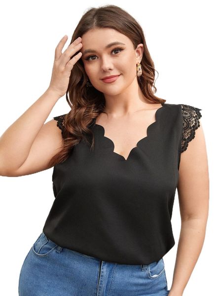 

plus guipure lace panel scallop trim blouse j6zf#, Black