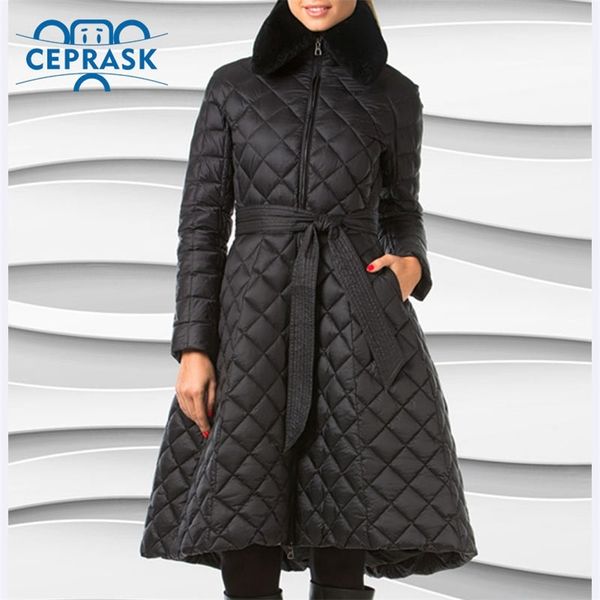 

ceprask 2020 women's winter coats plus size long female jacket slim belt fashion warm parka camperas casaco lj201021, Black