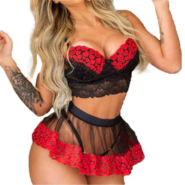 Sexy Set Sexy Set Женский стиль пижамы Slim Fit Lace Mesh Heart Print Bra String Underpants 0211