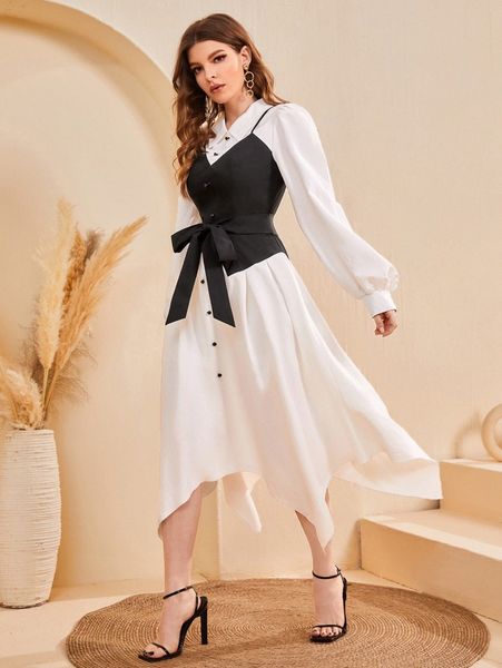 

colorblock bishop sleeve asymmetrical hem belted 2 in 1 dress h5dc#, Black;gray