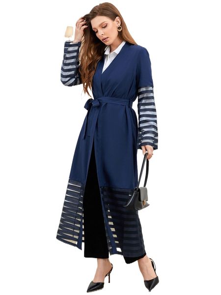 

contrast striped mesh belted coat x3av#, Black