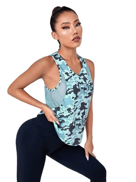 

camo print contrast mesh sports tank h3os#, Gray