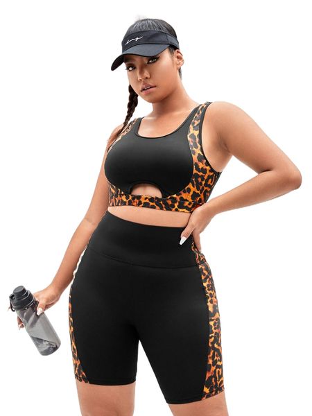 

plus leopard cut out wideband waist sports set e9rt#, Black