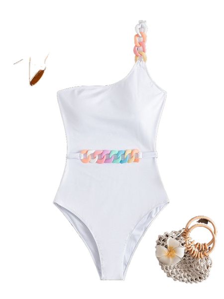 

plus chain detail one shoulder one piece swimsuit 06a9#, White;black