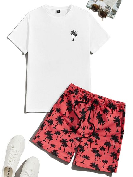 

men coconut tree print tee & drawstring waist shorts c6p3#, Gray