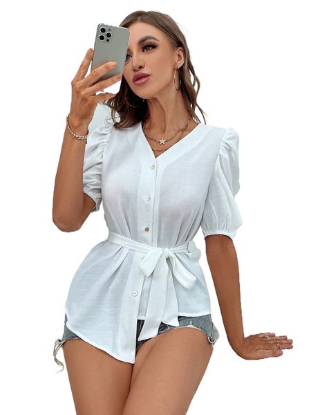 

puff sleeve self belted blouse p86r#, White