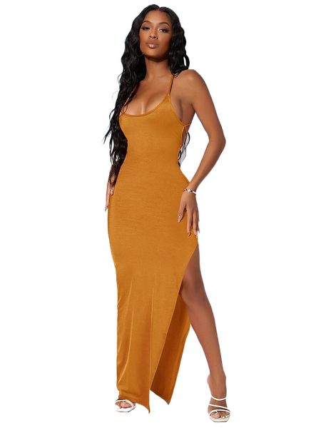 

sxy tied open back high split bodycon dress p0pu#, Black;gray